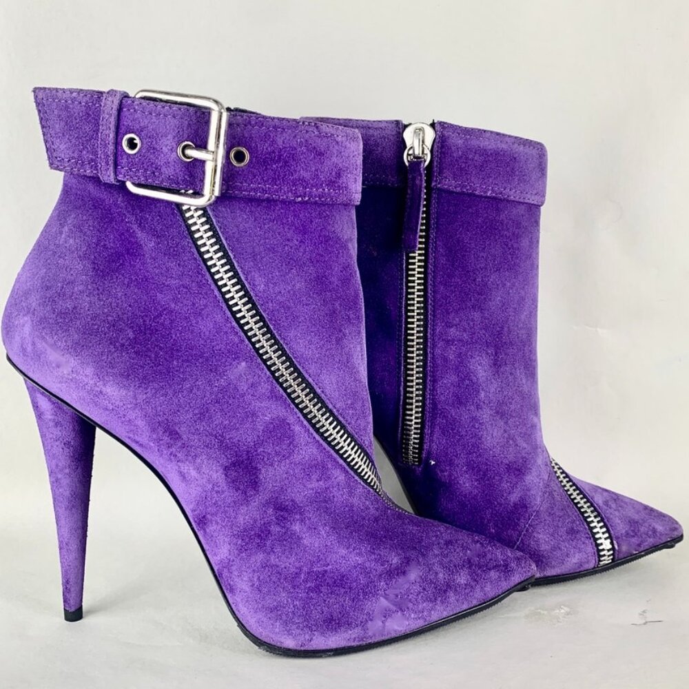 Guiseppi Zanotti purple suede ankle boots stiletto silver zippers size US 10